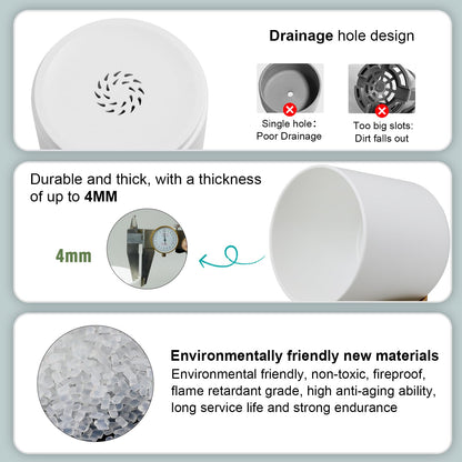 WSMKSZ 5 Pack Cylindrical Flower Pots with 7/6.5/6/5/4 inch, Modern Small Plastic Plant Pots with Drainage Holes & Saucers, Round Planter Pots for Outdoor, Indoor & Office Decor (White Brown)