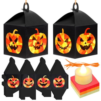 Simgoing 12 Sets Halloween Jack-O-Lantern Crafts with LED Candlelight Jack-o-Lantern Tissue Paper Crafts Kits DIY Pumpkin Suncatchers Lanterns Kits Hanging Spooky Supplies for Halloween Party Decors