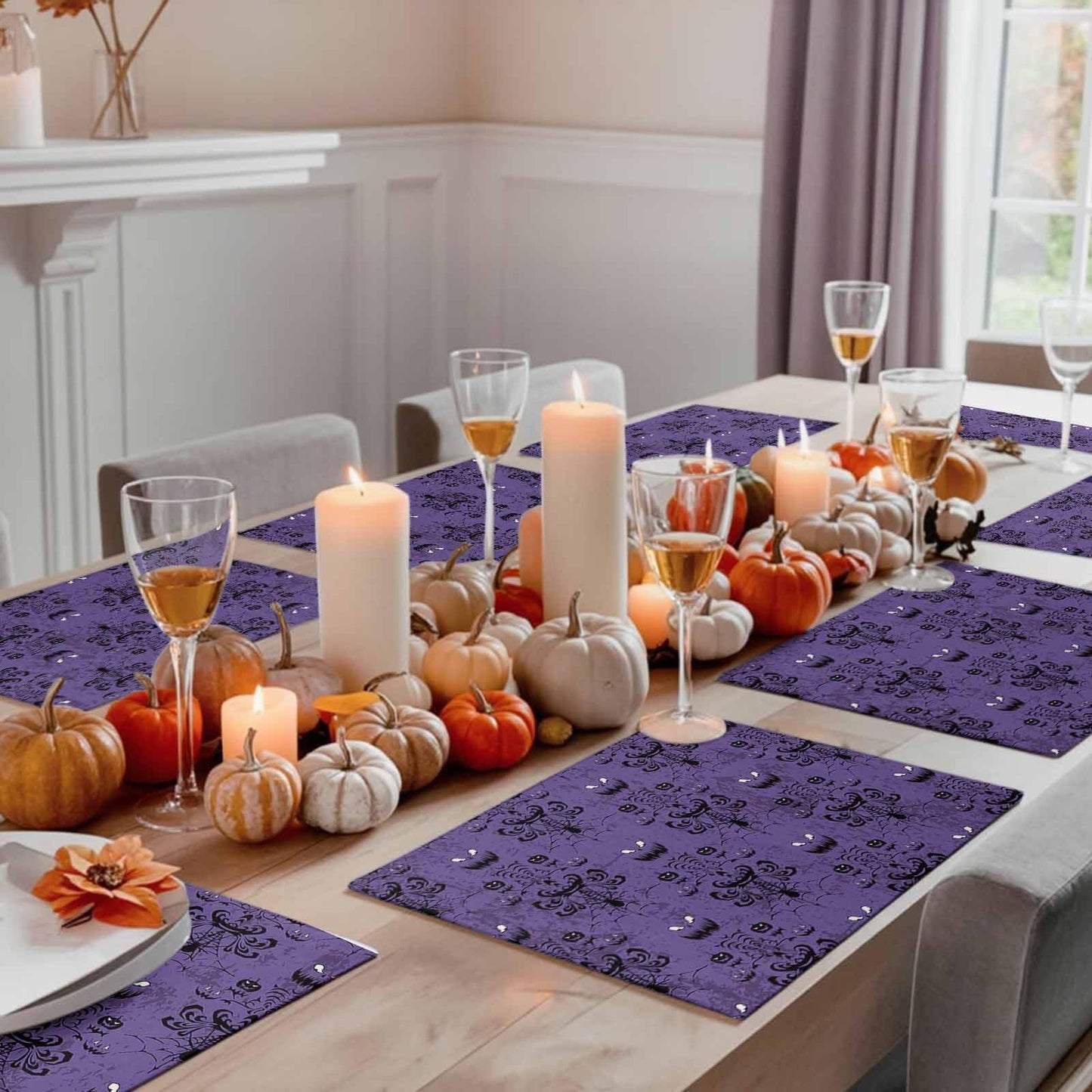 Placemats for Dining Table Set of 6, Halloween Haunted Mansion Design Table Mats Stain Resistant Heat Insulation Non-Slip Washable Table Decoration for Kitchen, Purple Black