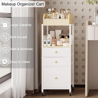 Makeup Organizer Cart with Drawers, Make up Organizers for Vanity, Floor Skincare Organizers- for Cosmetics, Nail Polish, Art Supply, Bathroom Vanity Desktop Organizer (White)