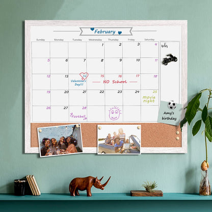 Dry Erase Calendar Whiteboard for Wall, Combination Magnetic Dry Erase White Board & Bulletin Board, 17.7" x 21.6" White Wood Framed Calendar/Cork Combo Board(WH-4555)