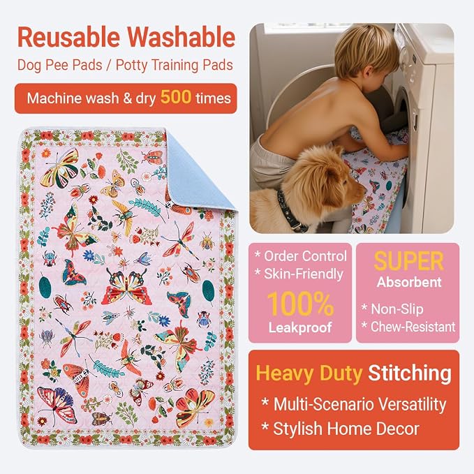 Pink Washable Pee Pads for Dogs and Cats, 2 Pack 48"x36" Large Absorbent Reusable Puppy Pads for Potty Training, Waterproof Non-Slip Leakproof Whelping Pet Mat for Crate, Playpen, Kennel & Floors