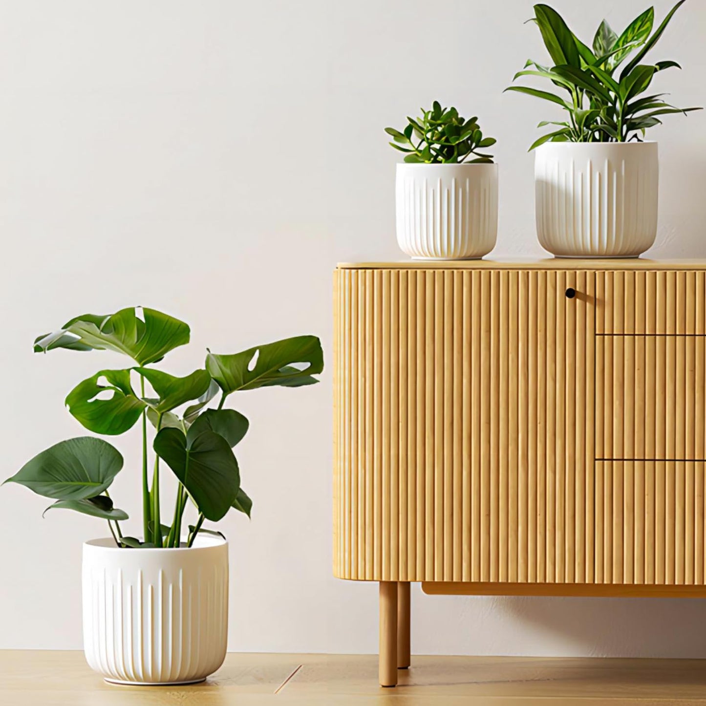 LE TAUCI Ceramic Planters, 8.3/7/6 Inch Indoor Pots for Plants with Drainage Holes & Mesh, Modern Matte Glaze Cylinder Fluted Plant Pot for Snake Plant, Set of 3, White