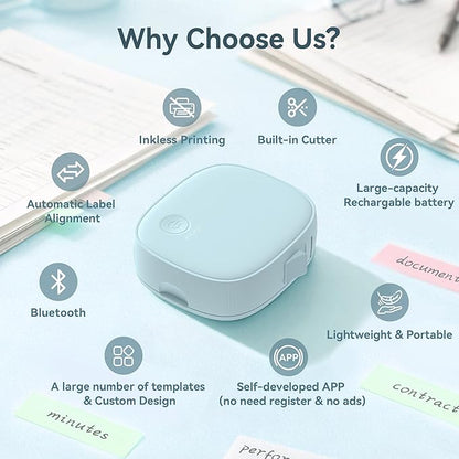 Mini Label Maker Machine with Tape AH-P05, Portable Bluetooth Mini Label Printer, Wireless Thermal Label Maker, Waterproof & Rechargeable, Built-in Cutter, for Home, Office, Kitchen – Blue