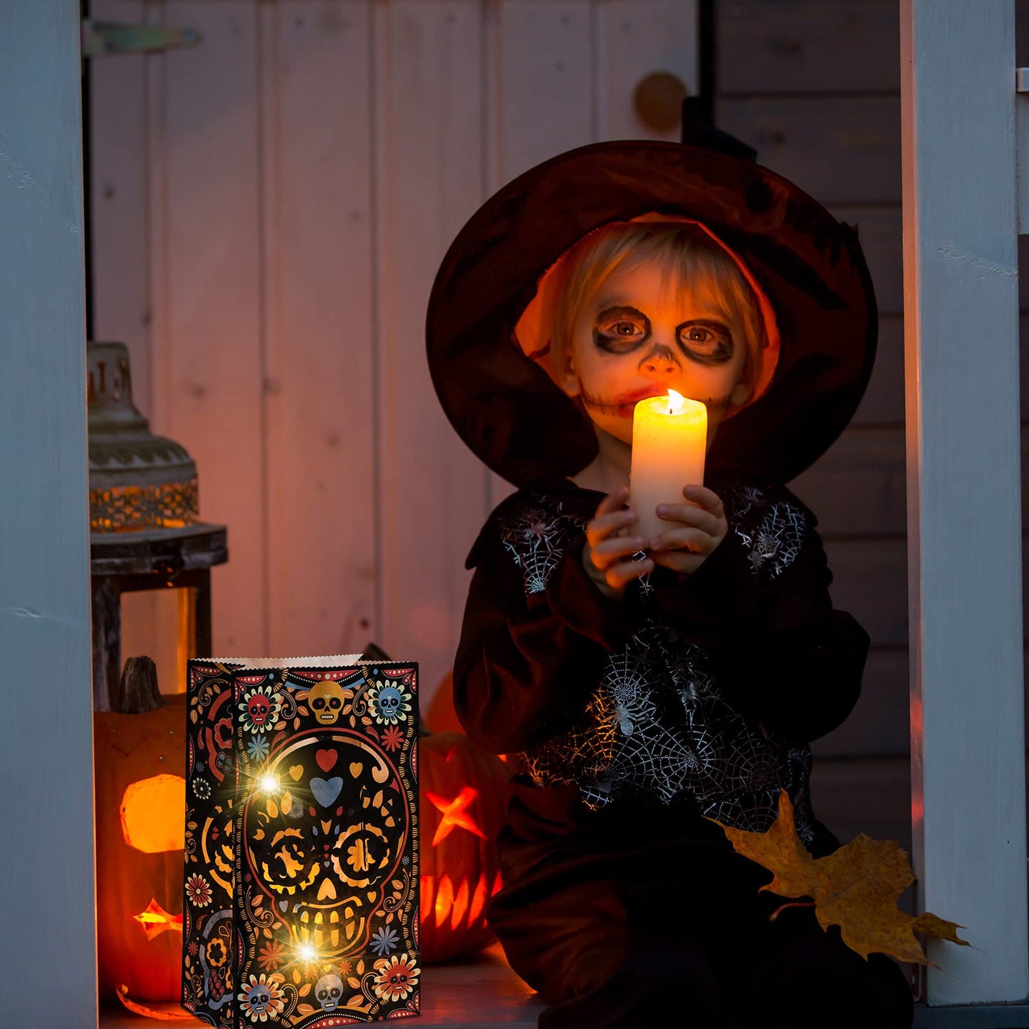 24 Pcs Halloween Day of The Dead Luminary Bags Paper Treat Bags Black Dia de Muertos Flame Resistant Candle Bags Goodie Present Wrap Bags for Halloween Party Favors Supplies