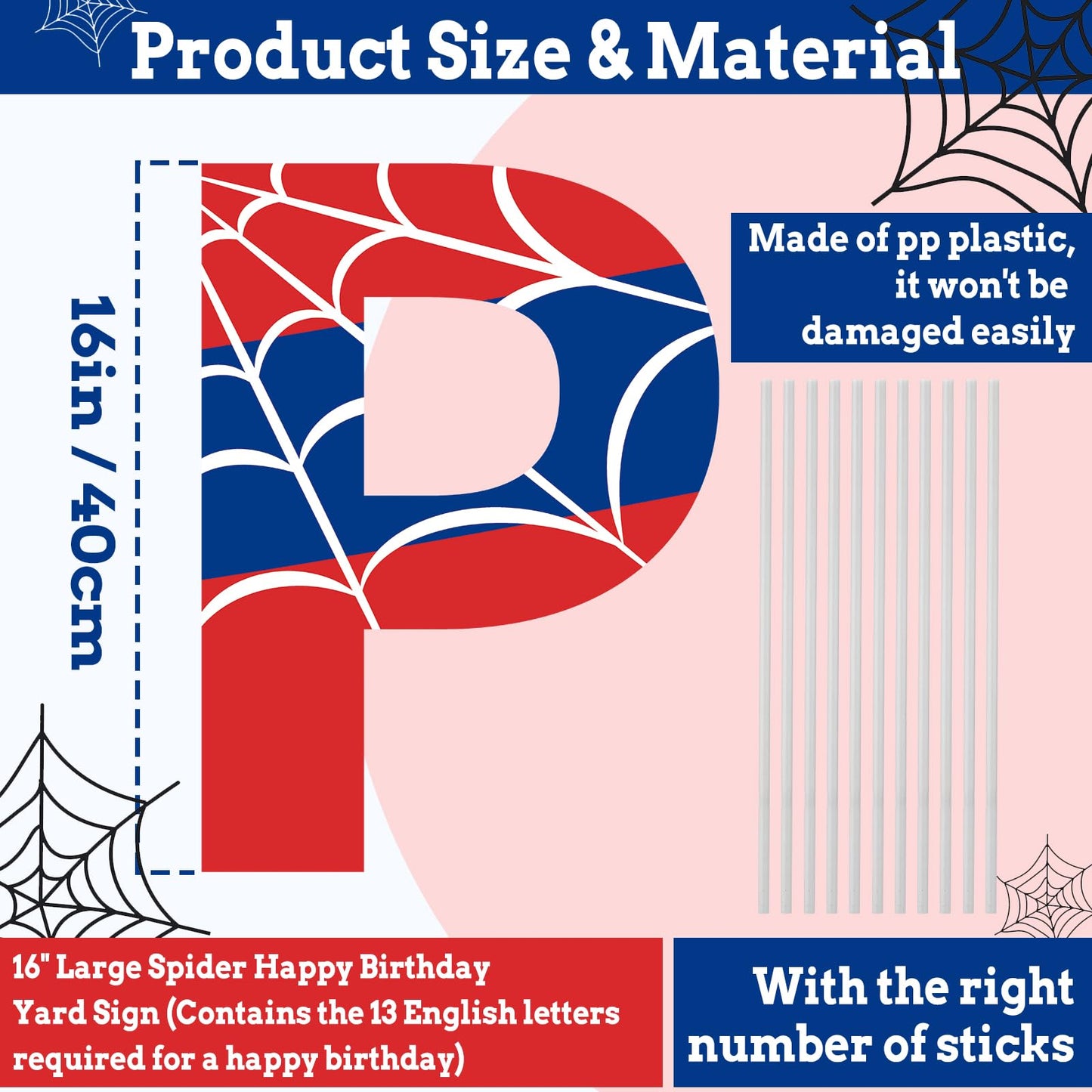 Threehoney 13 Pcs Spider Happy Birthday Yard Sign with Stakes, 16" Super Happy Birthday Letter Lawn Signs, Outdoors Birthday Decorations Hero Birthday Theme Party Supplies for Outdoor Yard Lawn