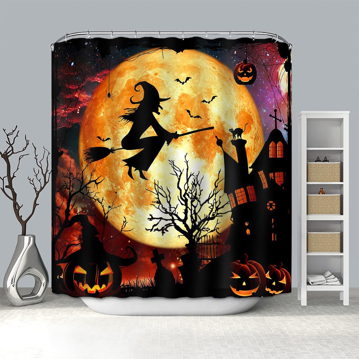 Mocsicka Halloween Shower Curtain Flying Witch Halloween Castle Bathroom Curtain Horror Orange Night Moon Polyester Fabric Shower Curtain Set 72x72 Inch with 12 Hooks