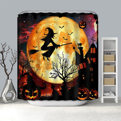 Mocsicka Halloween Shower Curtain Flying Witch Halloween Castle Bathroom Curtain Horror Orange Night Moon Polyester Fabric Shower Curtain Set 72x72 Inch with 12 Hooks