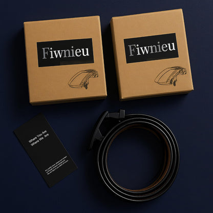 Fiwnieu Men's Ratchet Belt with No-Hole Slide Buckle - Easy Size Adjustment Genuine Leather Belt for Men, Dress & Casual Comfort (Choose Size)