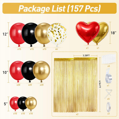 157Pcs Red Black Gold Balloons Garland Arch Kit with Glitter Fringe Curtain Backdrop for Adults Masquerade Halloween New Year Eve Casino Birthday Party Decorations