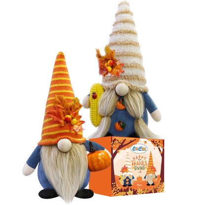 CRCZK Thanksgiving Gnome Decorations for Home, 2Pack Handmade Thanksgiving Gnome Plush Decor Swedish Gnomes Ornaments with Pumpkin Corn Maple Leaves Fall Gifts Autumn Holiday Home Kitchen Decorations