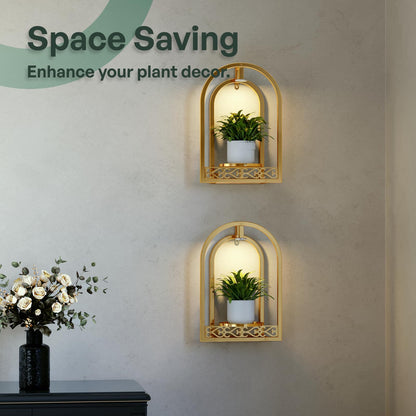 Rioneta LED Grow Light Wall Hanging Planters with USB Power, Remote Control, Modern Decor for Indoor/Outdoor Plants, Living Room, Garden, Patio 2 Pack Gold