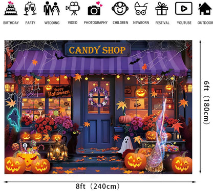 Halloween Candy Shop Backdrop Magic Witch Pumpkin Shop Maple Leaves Photography Background Halloween Pumpkin Lantern Night Theme Party Decorations Banner (8X6FT(94 x 70 inch))