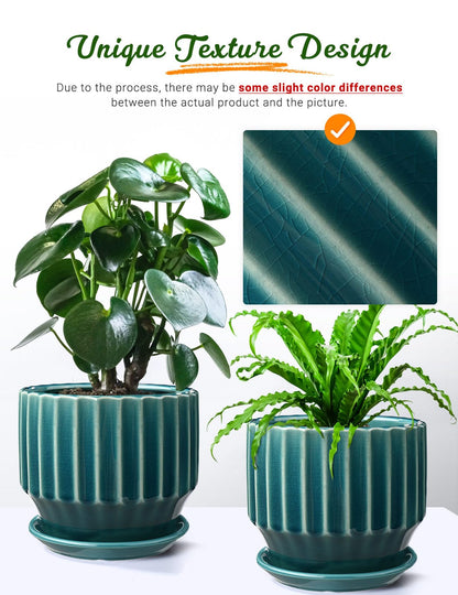 AISBUGUR Plant Pots 6 inch Ceramic Pots for Indoor Plants Set of 2 Flower Pots Unique Crackle Glaze Design Plant Pots with Drainage Hole and Saucer Come with Drainage Nets (Aqua Green)
