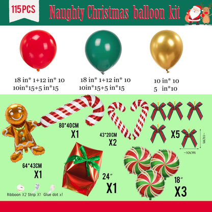 Christmas Balloon Garland Arch Kit with bow Xmas Gold Red Green Balloons Candy Cane Gift Box Gingerbread Man Foil Balloons for Christmas New Year Birthday Party Decorations