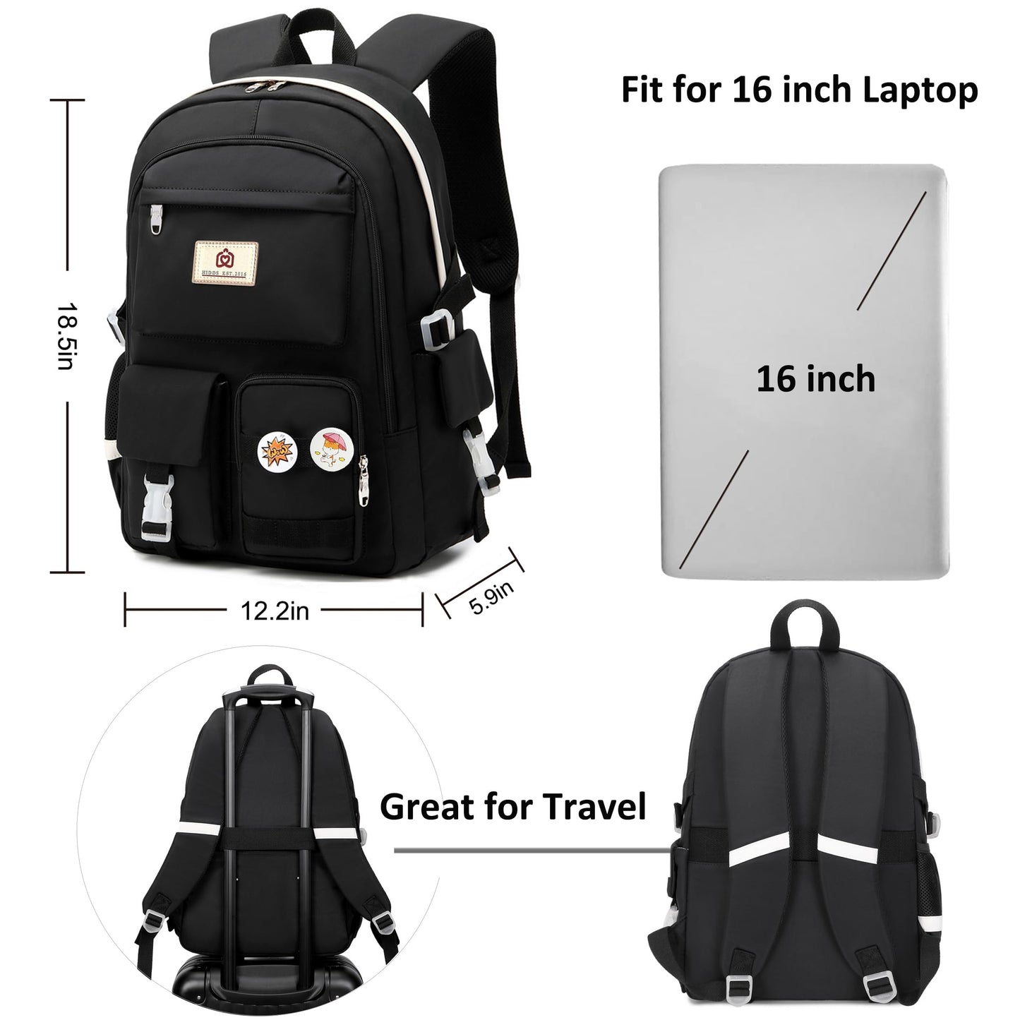 Hidds Laptop Backpacks 15.6 Inch College School Backpack for Girls Women Bookbag Cute Elementary Middle High School Bags Big Anti Theft Travel Daypack Kids Book Bag for Teens Womens Student (Black)