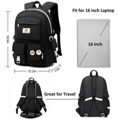 Hidds Laptop Backpacks 15.6 Inch College School Backpack for Girls Women Bookbag Cute Elementary Middle High School Bags Big Anti Theft Travel Daypack Kids Book Bag for Teens Womens Student (Black)