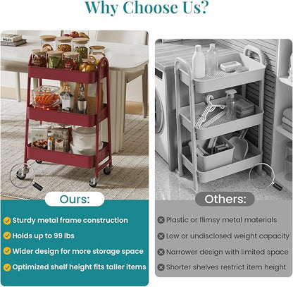 OLIXIS Metal 3 Tiers Utility Rolling Cart, Mobile Storage Shelf with Lockable Caster Wheels, Organization for Livingroom, Bathroom & Narrow Places, Red