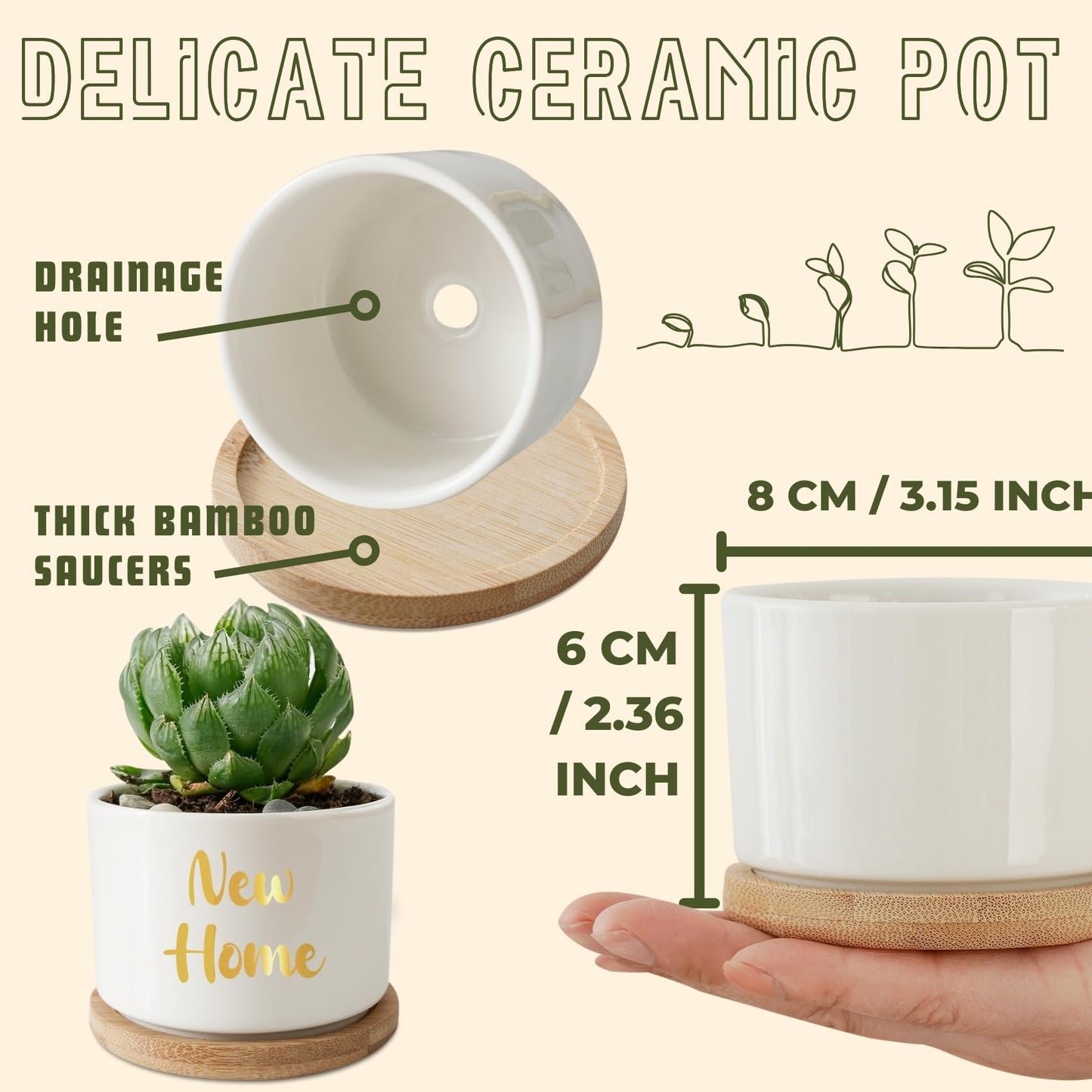 InnoBeta House Warming Gifts Succulent Plant Pots 3pcs, Gifts for House Warming, Planter Pot with Bamboo Tray for New Home, Plants NOT Included