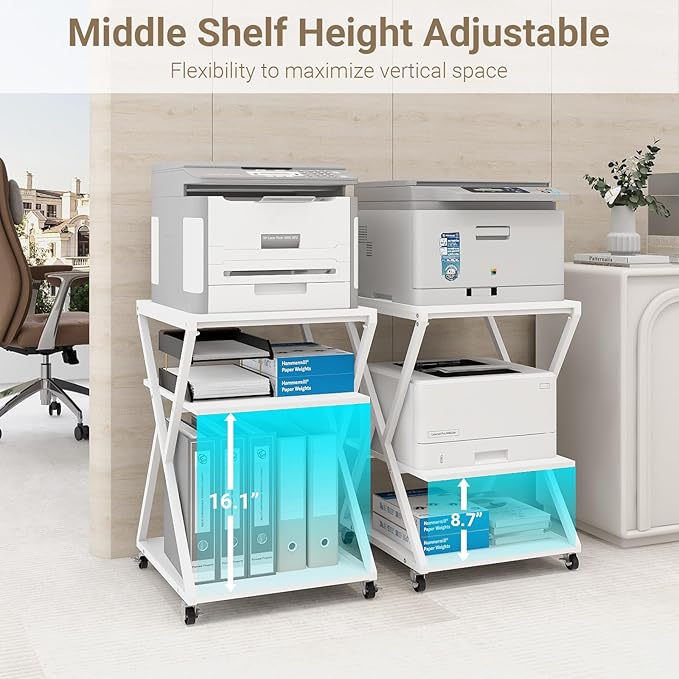 Natwind 3 Tier Printer Stand, 19.7''x19.7'' Large Printer Table with Height Adjustable Shelf, Rolling Printer Cart with Wheels,Multifunctional Organizer Shelf for Home Office Kitchen（White）