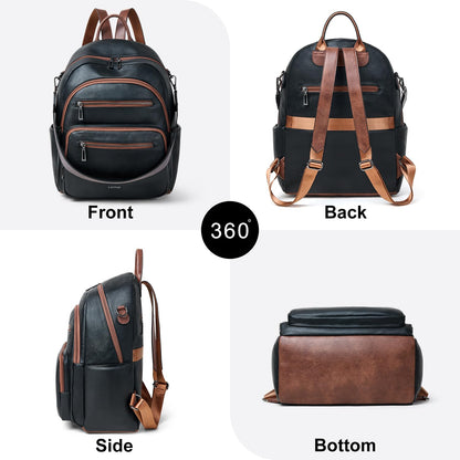 LATMAP Backpack Purse for Women Laptop Backpack, Leather Travel Backpack Shoulder Bag Teacher College Daypack Work Handbag fits 14" Laptop-Black with Brown