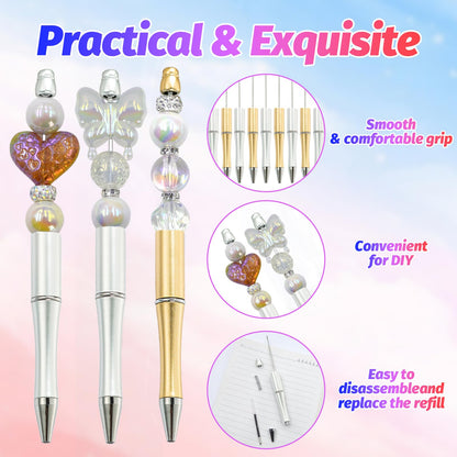DASTTUIS 150 Pieces DIY Beadable Pen Kit – 50 Plastic Ballpoint Pens with Refills & Bags – School Supplies, Office Accessories & Decorative Items for Students & Teachers (Silver and Gold)