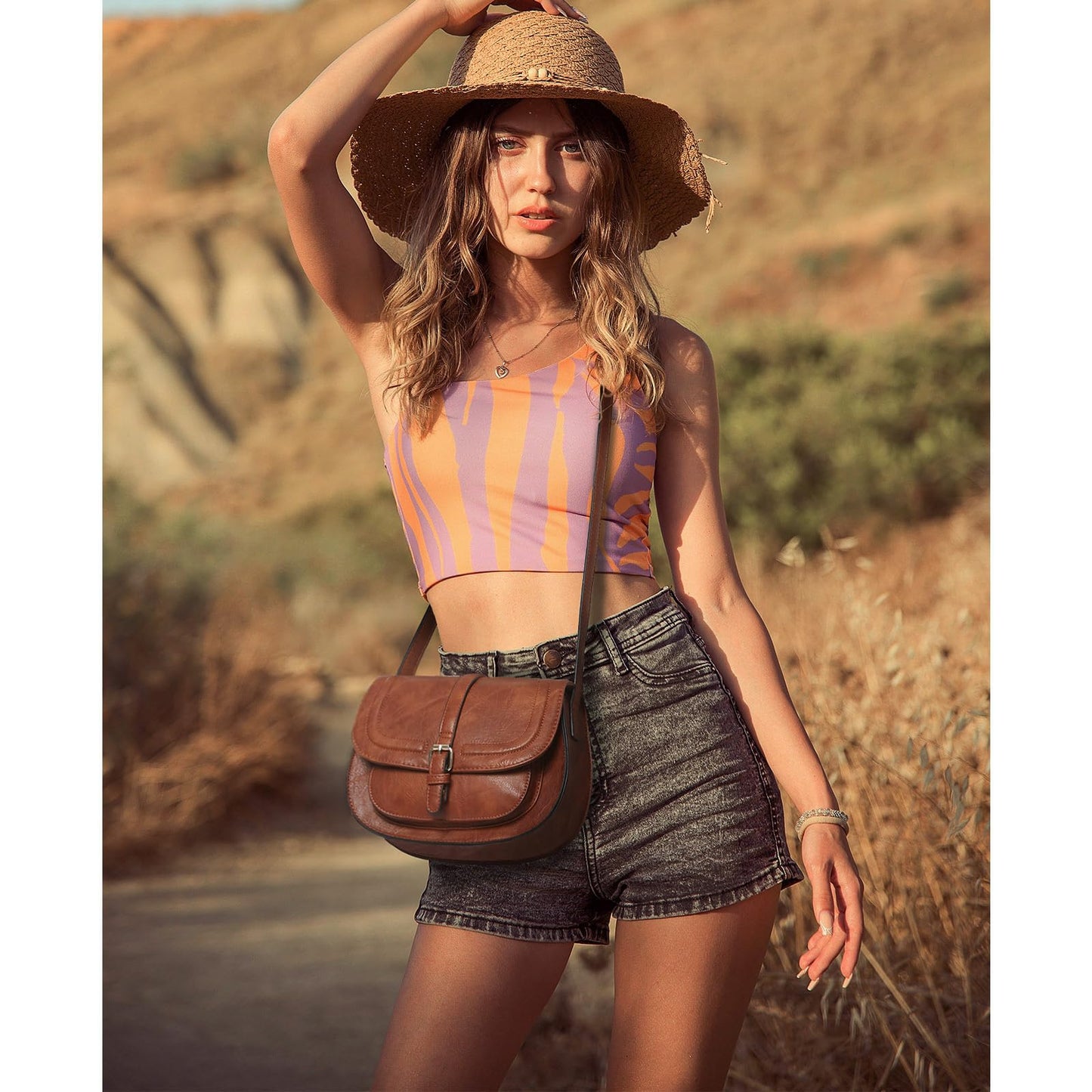 AFKOMST Crossbody Bags for Women,Small Saddle Purse and Boho Cross Body Handbags,Vegan Leather, Brown