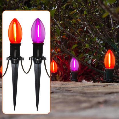 SUNSGNE Halloween Pathway Lights, 19.5Ft Halloween Stake Lights with 10 Count C9 LED Orange and Purple Bulbs for Lawn Yard Sidewalk Garden Decoration