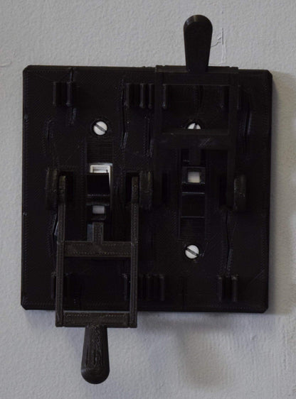 DUAL FRANKENSTEIN LIGHT SWITCH COVER PLATE FLIP HANDLE 3D PRINTED MADE IN USA PR78-2 (BLACK PLATE, BLACK HANDLES)