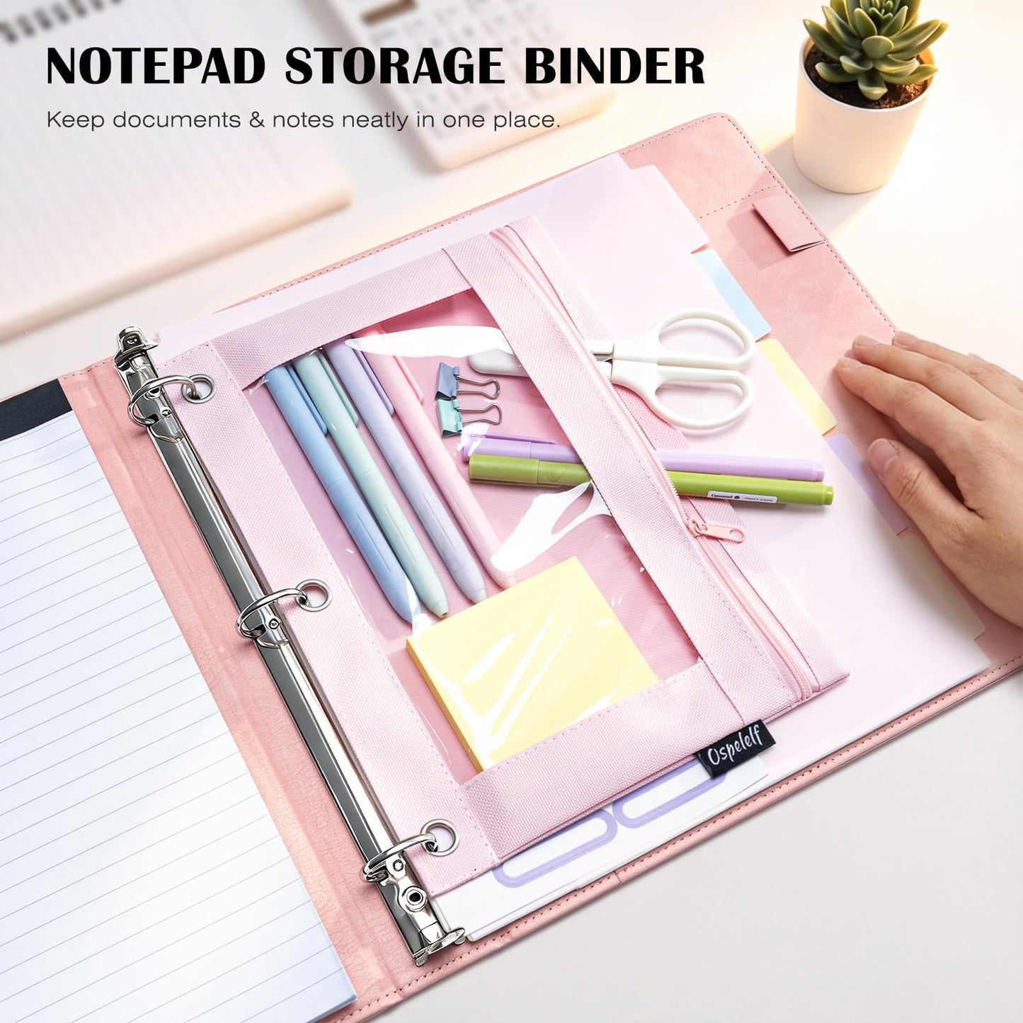 Ospelelf Leather 3 Ring Binder for Letter Size Documents with PVC Pocketed Dividers, Storage Bag & Notepad, 1 Inch Round Rings, Holds 175 Sheets, for Office School Home Organization, Flower Pink