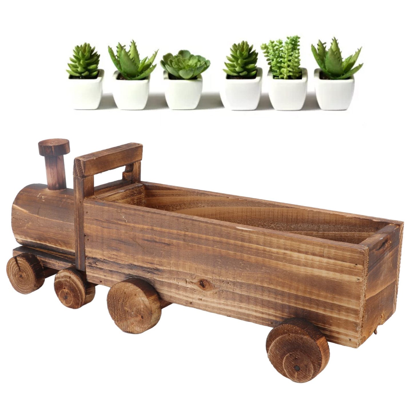 Hapivida Wooden Flower Pot, Train Shape Succulent Plants Containers Retro Plant Potted Bonsai Planter Cute Small Funny Plant Pots