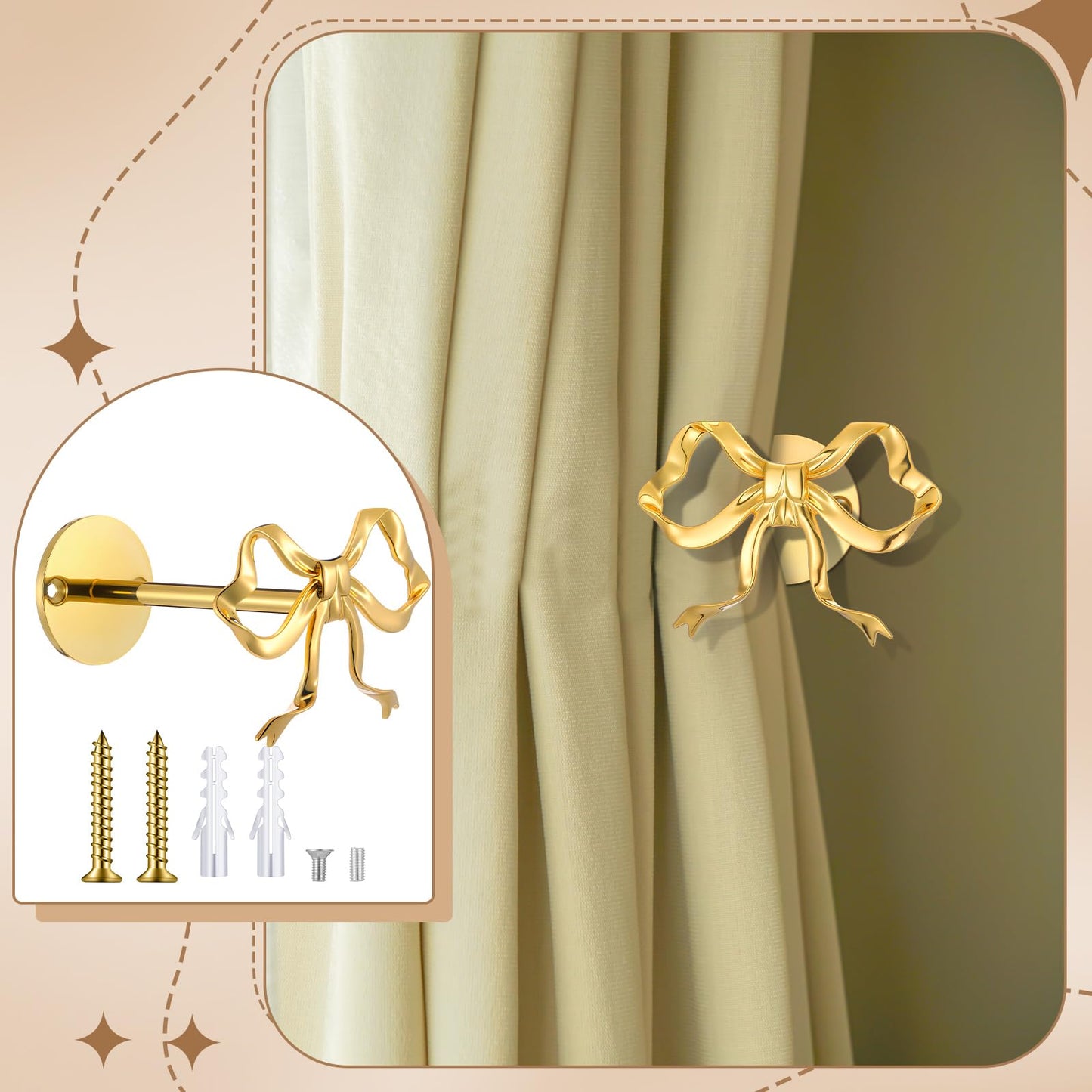 Blulu 2 Pcs Metal Bow Curtain Holdbacks Gold Wall Mounted Bow Curtain Hold Backs Curtains Modern Gold Holders for Living Room Bedroom Office Home