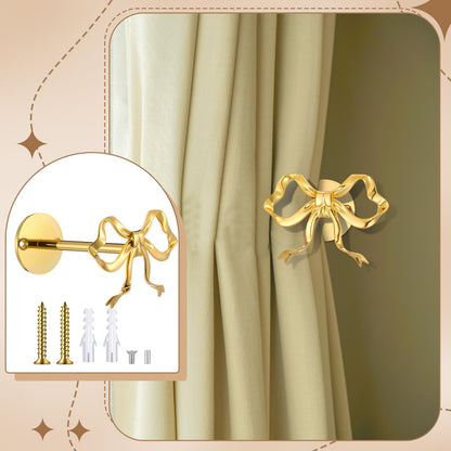Blulu 2 Pcs Metal Bow Curtain Holdbacks Gold Wall Mounted Bow Curtain Hold Backs Curtains Modern Gold Holders for Living Room Bedroom Office Home