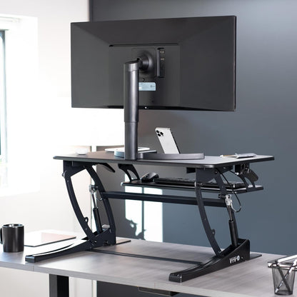 VIVO 32 inch Height Adjustable Stand Up Desk Converter, V Series, Quick Sit to Stand Tabletop Dual Monitor Riser Workstation, Black, DESK-V000VS