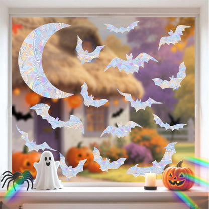 Moon Bat Window Clings Halloween Static Cling for Glass Windows Vinyl Bat Window Decals Halloween Moon Bats Windows Stickers Anti Collision Windows Decals for Bird Strikes Rainbow Stickers
