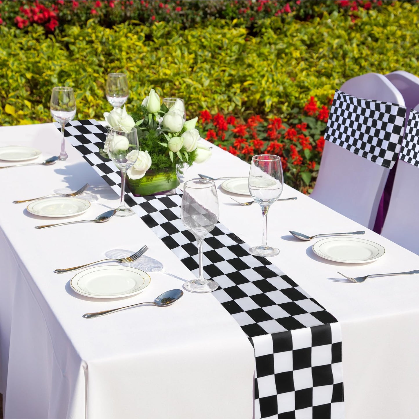 Newwiee 54 Pcs Stretch Chair Sashes with Table Runners, Classic Black and White Chair Bows Sashes Fringe Table Runner for Party Wedding Reception Banquet Decorations (Black and White Checkerboard)
