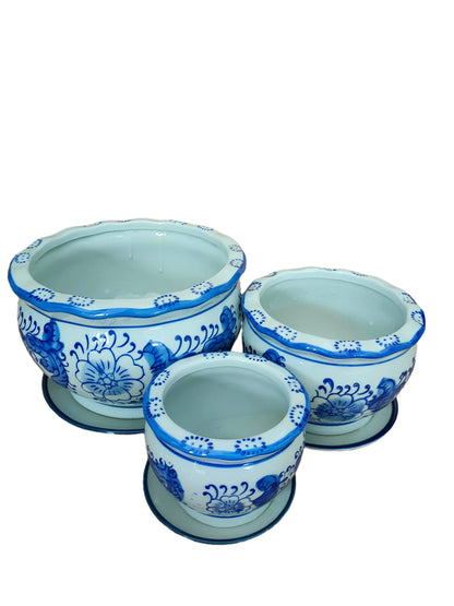 jdzjybqx Small Blue and White Porcelain Flower Pot Set of 3 Oriental Ceramic Flower Plant Pots Indoor with Porcelain Saucer for Garden and Indoor,Mini Flower Pot Set of 3