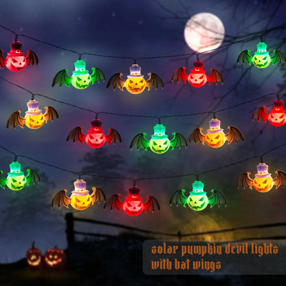 Solar Garden Lights for Halloween Decorations Outdoor,20LED 18Ft 3D Scary Devil Pumpkin Bat Solar String Lights, Unique Solar Lights Outside for Home Yard Garden Party Halloween Decor(Red Green White)