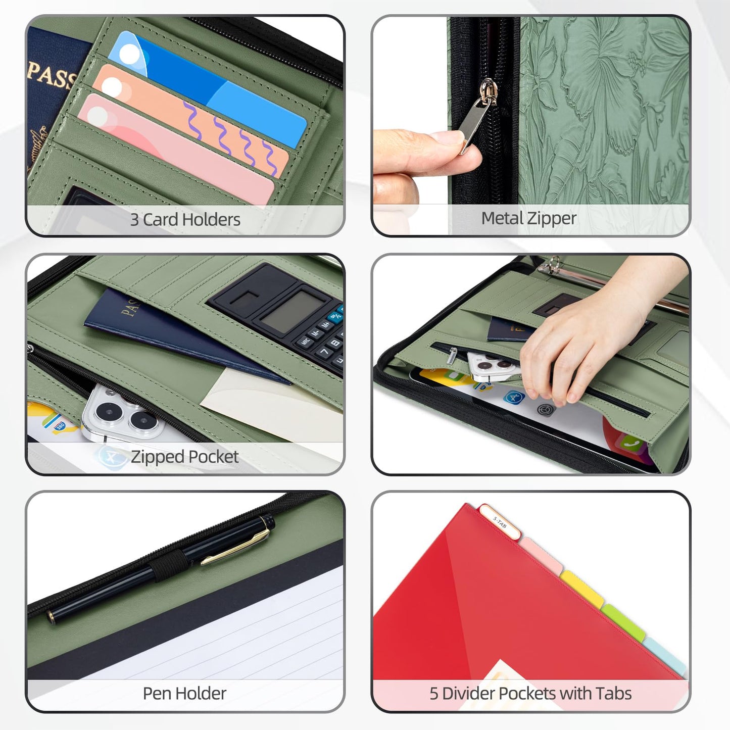 Ospelelf Green Leather Portfolio Binder 3 Ring, Zippered Clipboard Folder with Storage - 5 Dividers with Pocket, Padfolio for Women,12.1” Tablet Sleeve, Refillable Notepad, Card Slot