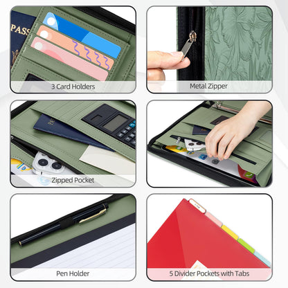 Ospelelf Green Leather Portfolio Binder 3 Ring, Zippered Clipboard Folder with Storage - 5 Dividers with Pocket, Padfolio for Women,12.1” Tablet Sleeve, Refillable Notepad, Card Slot