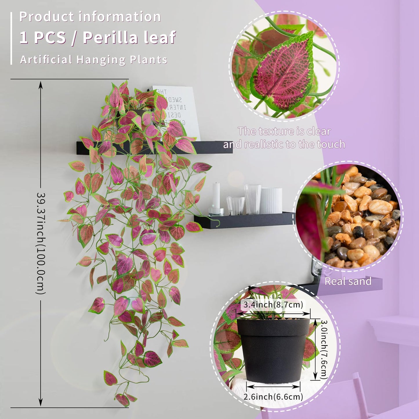 LOYWREE 2 Pack Artificial Purple Ivy Hanging Vine Plants - Small Potted Long Trailing Cascading Foliage, Gothic Home Decor for Indoor/Outdoor, Office, Garden & Shelf (Black Pot)