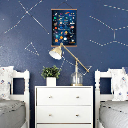 Outer Space Art Print With Wood Magnetic Poster Hanger Frame, Astronomy Alphabet Letters Canvas Wall Art ,Abstract Universe Educational Poster,35X56CM Hanging Painting For Home kids Classroom Decor