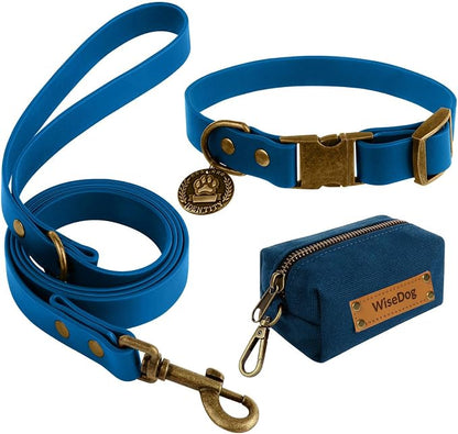 Wisedog Waterproof Dog Collar and Leash Set, M, Blue | Adjustable Puppy Collar, Cute Tag, 5FT Leash, Includes Poop Bag, For Small Medium Large Dogs