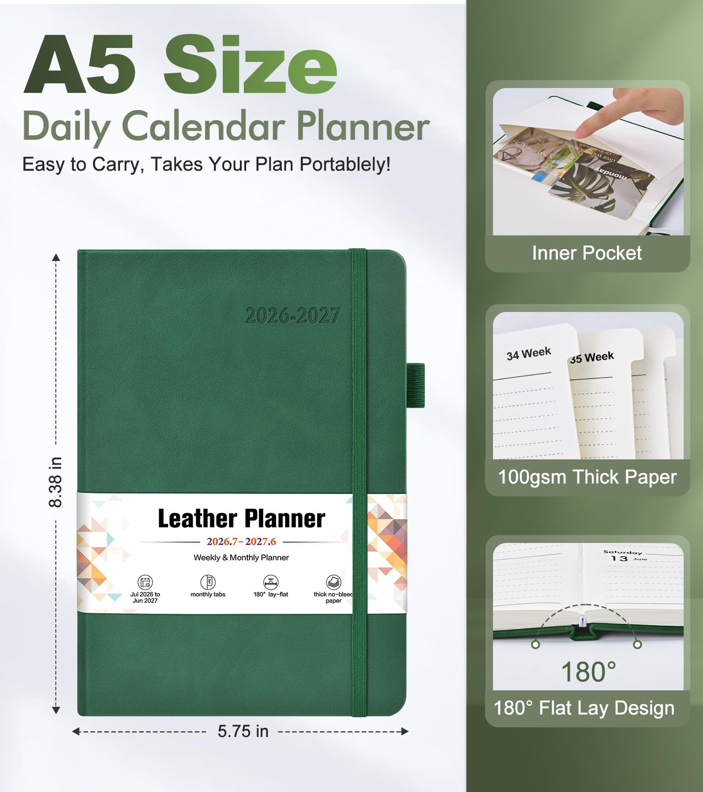 Planner 2026-2027, Academic Weekly and Monthly Calendar Planner from July 2026 - June 2027, Hardcover Leather Daily Agenda Book with Tabs, College School Organizer for Student Teacher, A5 (5.75" x 8.38"), Green