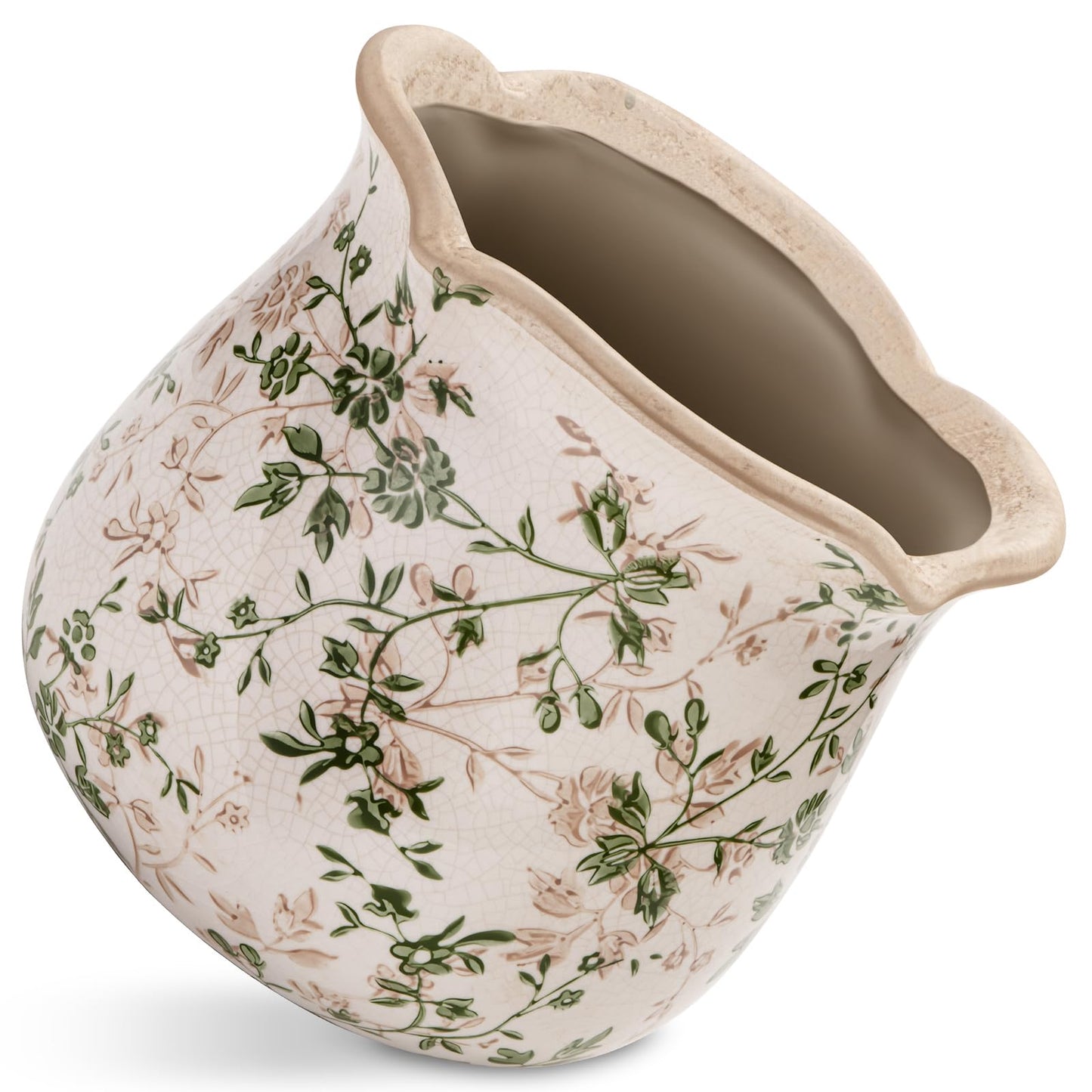 behen bahen Vintage Ceramic Planter Pot with Drainage Holes, Green Floral Design, 6.11 Inch, Distressed Tuscan Style, Indoor Plant Pot and Vase (Sage Beige)