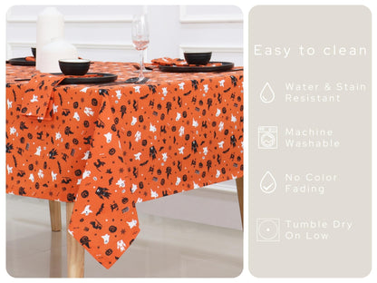 PurpleEssences Orange Black Halloween Tablecloth, Rectangle Halloween Party Tablecloth Decoration, 60x104 Inch Machine Washable Cotton Table Cover, Haunted House