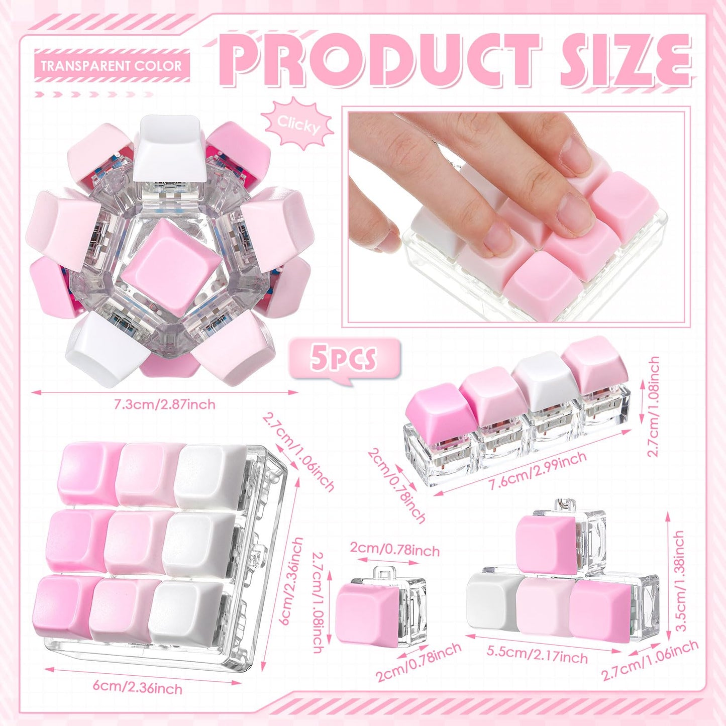Halloscume 5 Pcs Keyboard Adult Fidget Clicker in 5 Styles Keyboard Fidget Keychain Cube Mechanical Key Button Clicker Stress Relief Gift for Office Home Pass Time(Pink Gradient)
