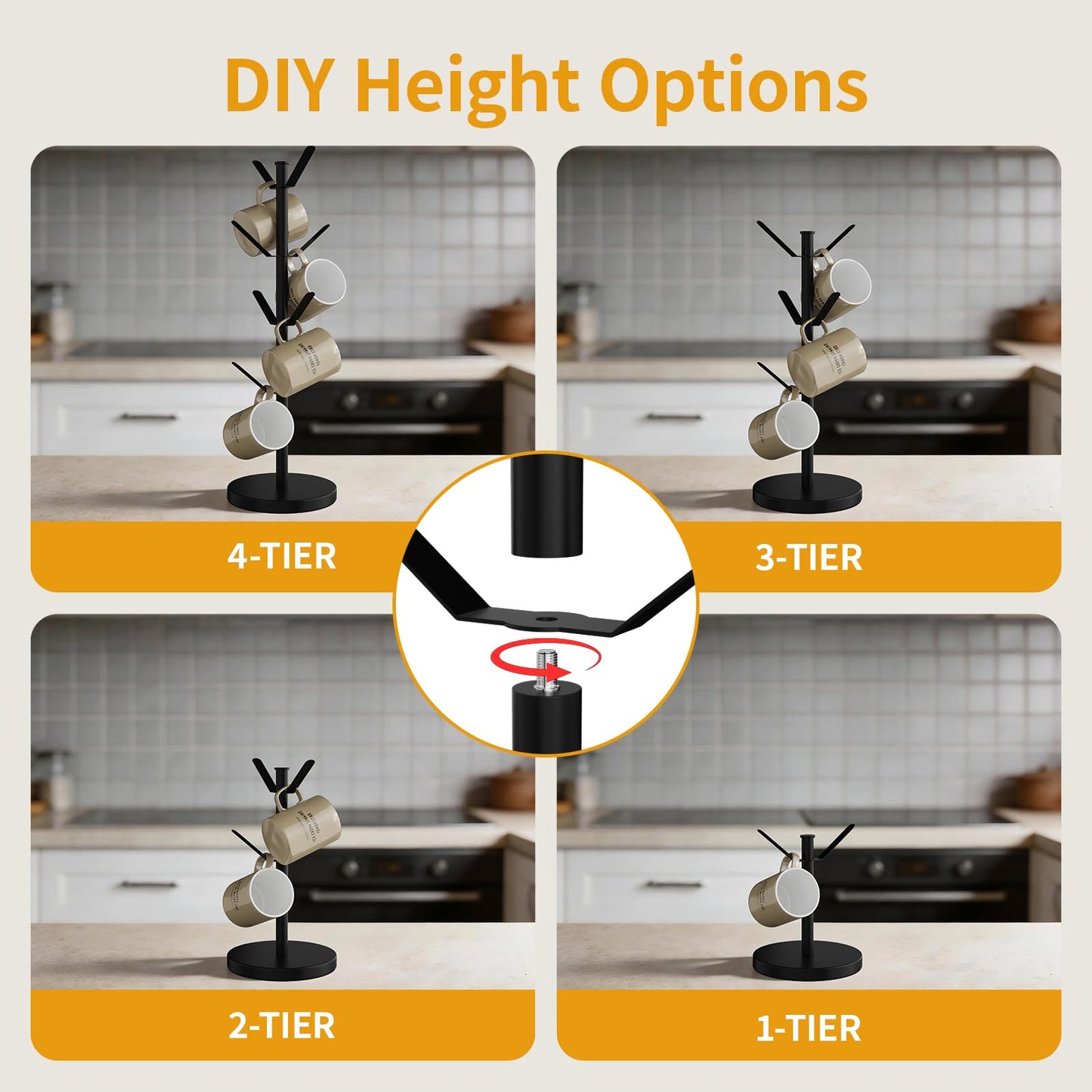 HUILAIXIAN Stainless Steel Mug Holder Tree, Updated Thick Coffee Cup Holder Base, Coffee Cups Stand Mug Holders with 8 Hooks for Countertop Cup Rack Organizer Stand (Black)