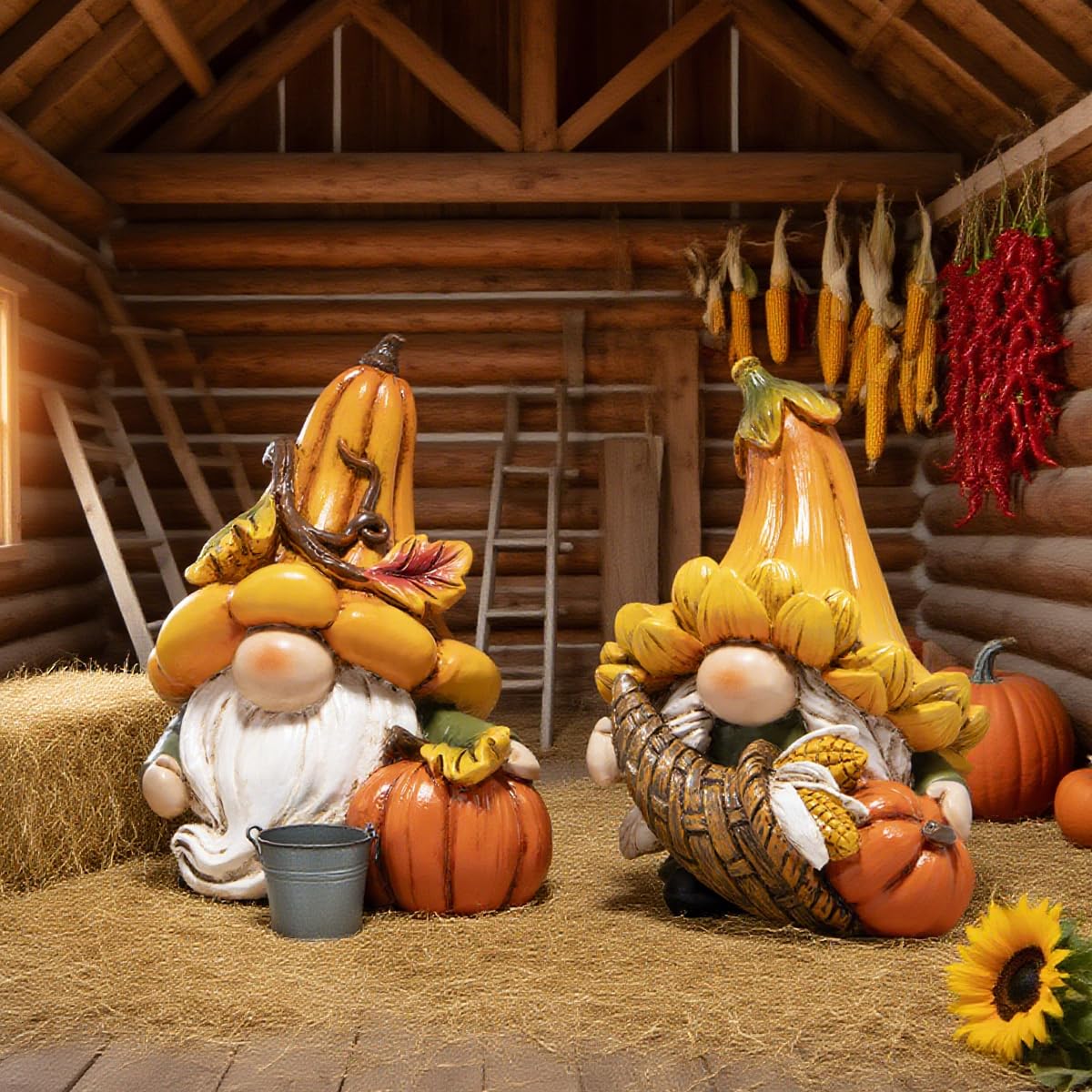 Hodao Fall Decorations for Home, 2 Pcs Thanksgiving Gnome Figurines Resin Autumn Pumpkin Gnomes Statues, Cute Fall Thanksgiving Decor for Home Table Shelf, Perfect Fall Gift for Family Friends