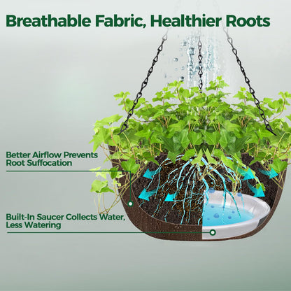 T4U Hanging Planters for Outdoor Plants, 12 Inch 4 Pack Fabric Hanging Baskets with Drainage Tray, Decorative Hanging Pots for Plants Outdoor Patio Porch Garden Use（Brown）
